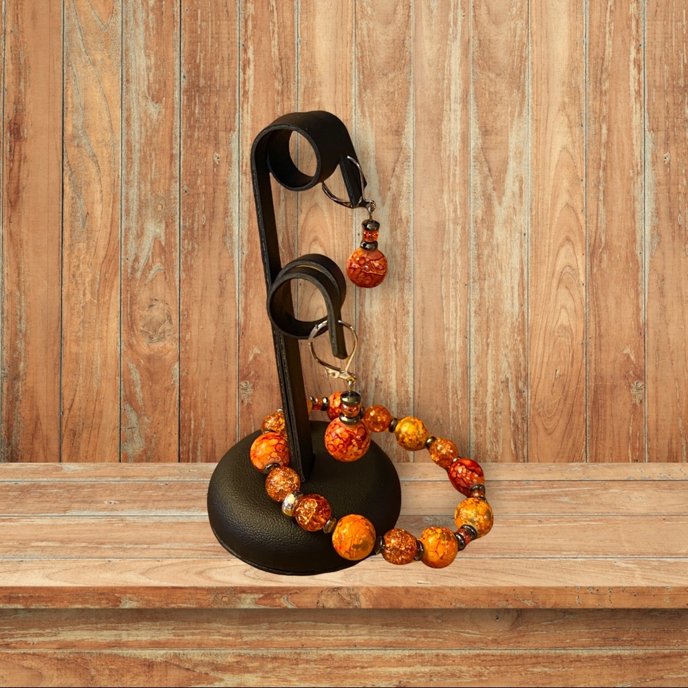 Private label earring & bracelet set orange ceramic, glass, Swarovski crystals